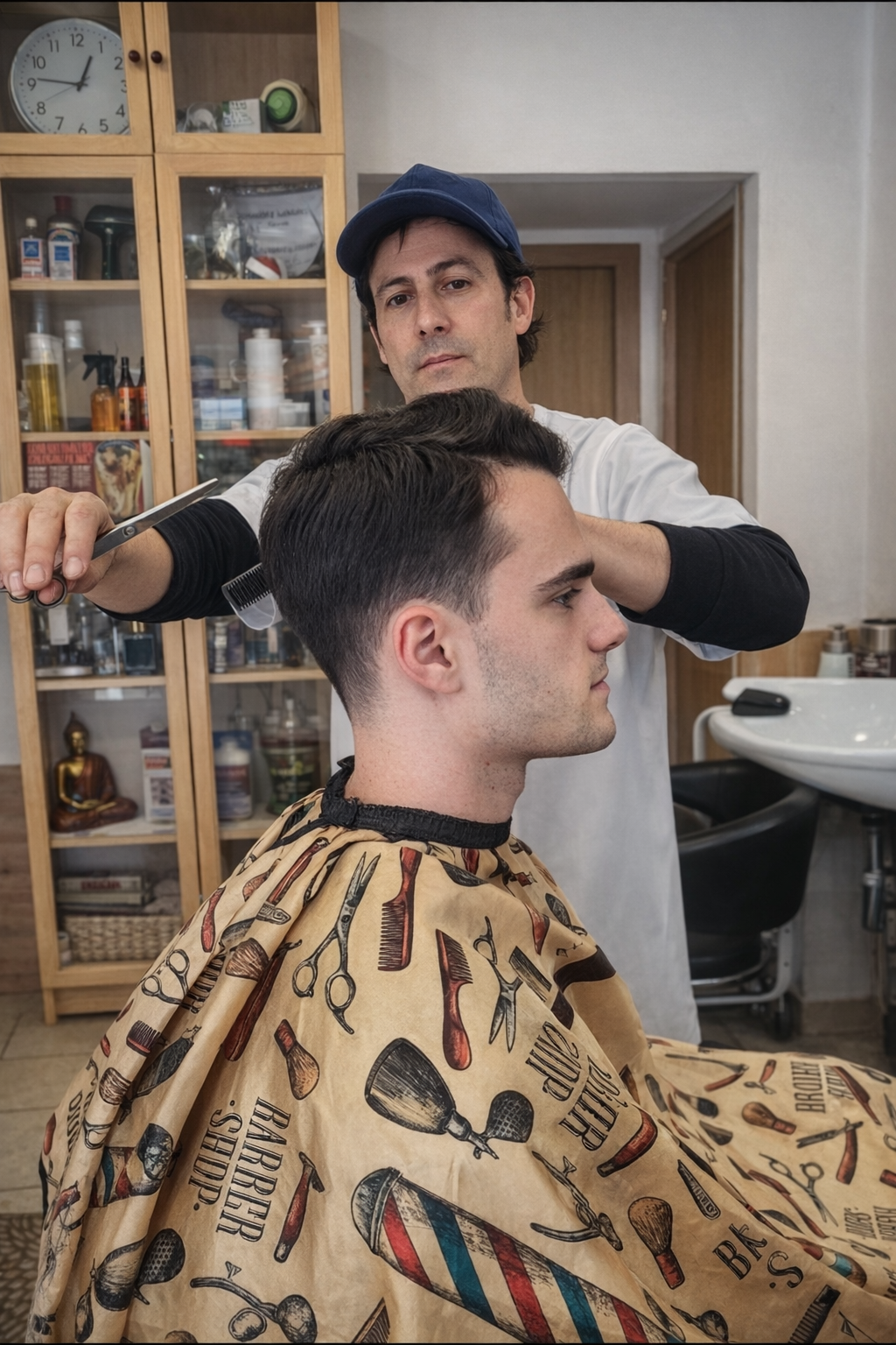 José realizando un corte a tijera en la peluquería